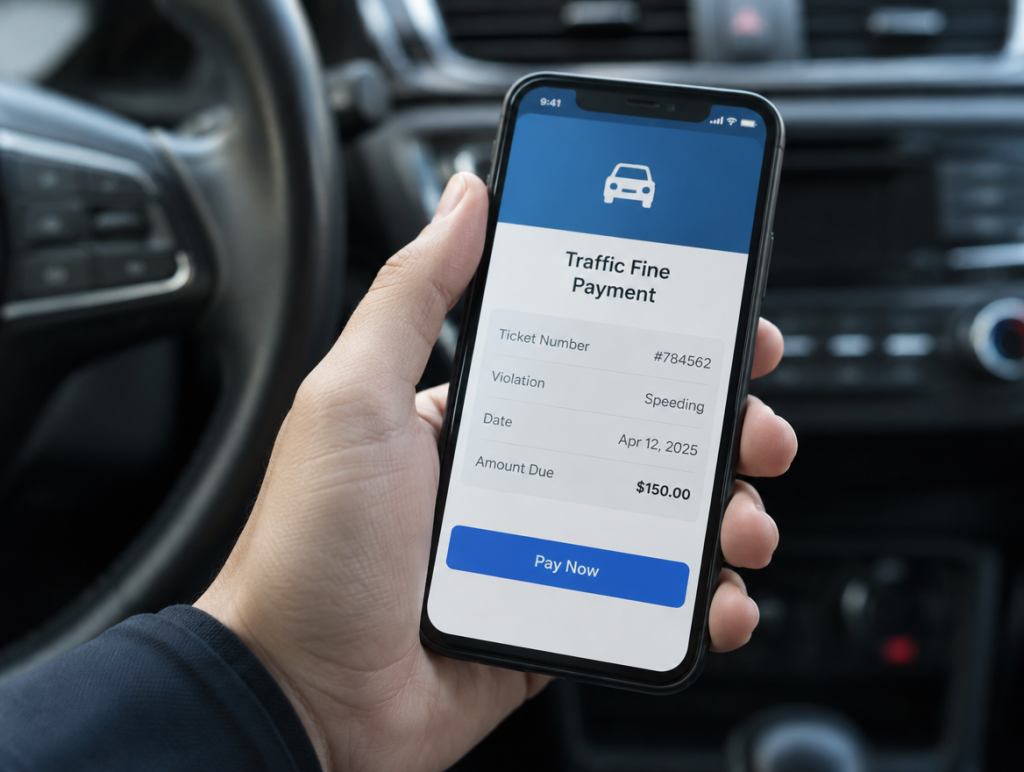 Persona consultando una multa de tránsito desde el celular dentro del auto