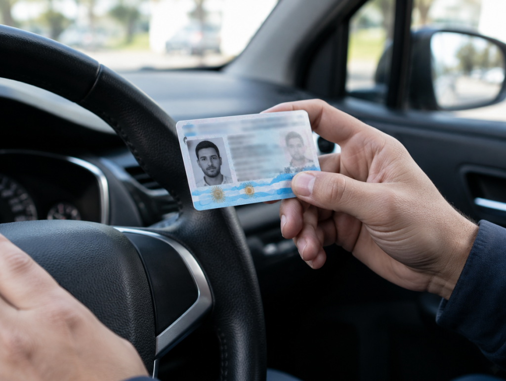 Persona sosteniendo su licencia de conducir junto al volante del auto