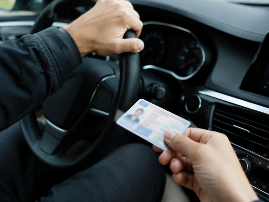 Persona mostrando su licencia de conducir dentro del auto