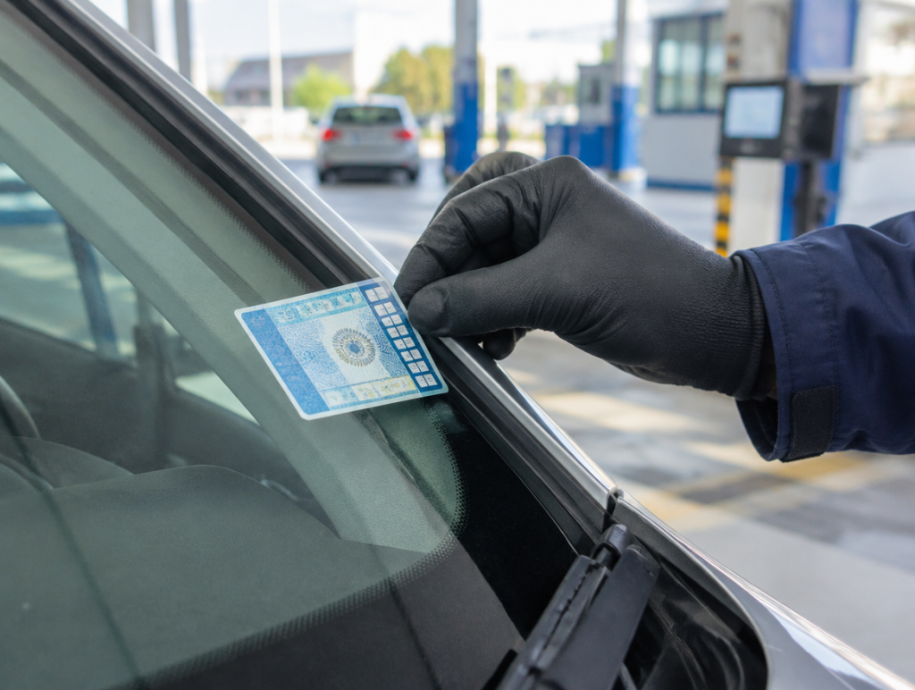 Técnico colocando la oblea de verificación técnica vehicular en el parabrisas de un auto