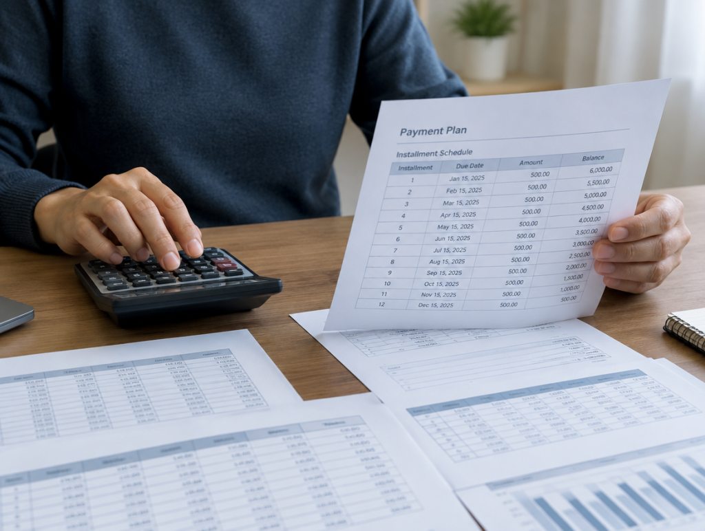 Persona calculando un plan de pago en cuotas para una multa de tránsito