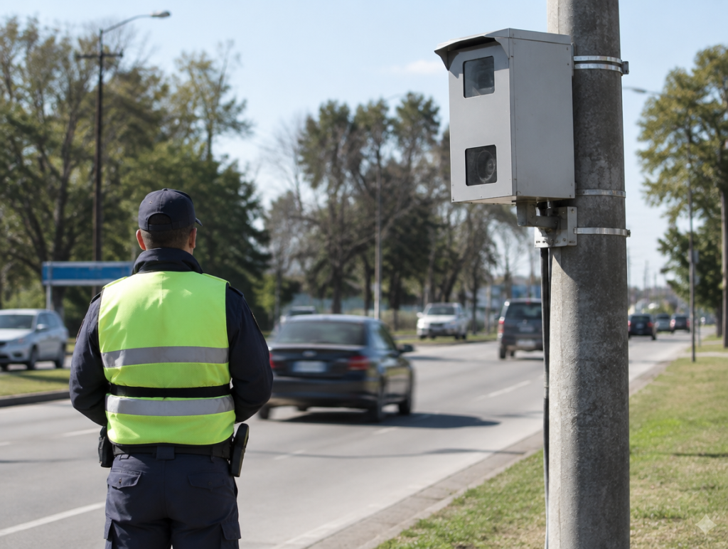Radar fijo de control de velocidad en una avenida de la Provincia de Buenos Aires