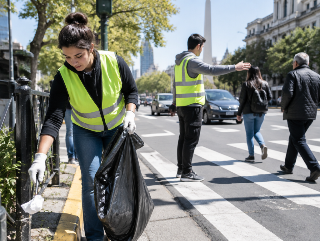 Persona realizando trabajo comunitario vial cerca de un cruce peatonal