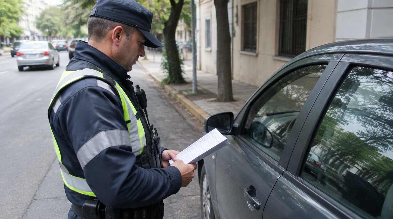 Oficial de tránsito labrando un acta de infracción junto a un auto