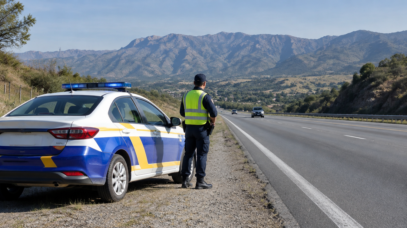 Patrullero de la Policía Caminera en una ruta de Córdoba con las sierras de fondo