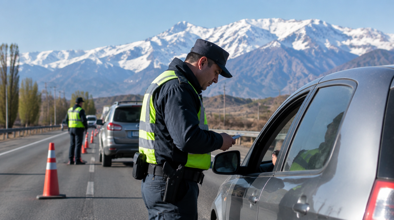 Control policial de tránsito en una ruta de Mendoza con la cordillera de los Andes de fondo