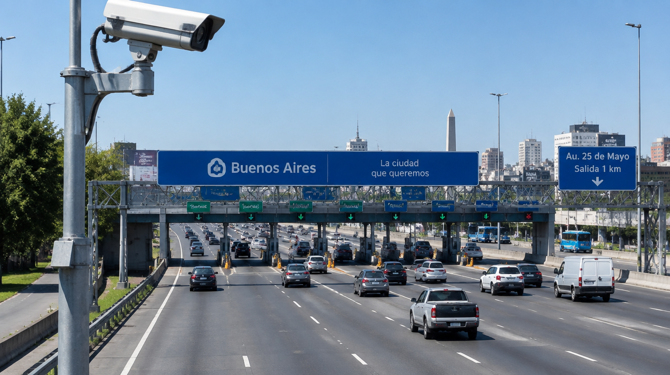 Cámara de vigilancia de tránsito instalada sobre un pórtico de peaje en una autopista de Buenos Aires