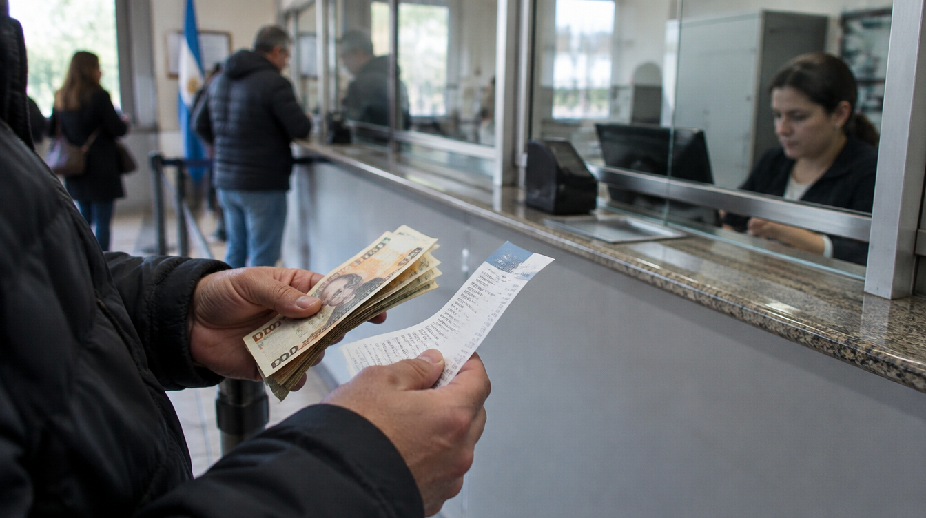 Persona pagando una multa de tránsito en una ventanilla municipal
