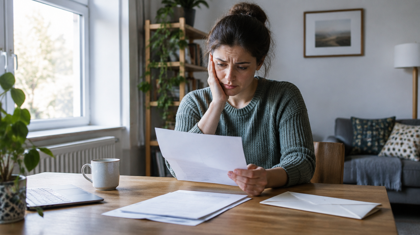 Persona leyendo una carta de notificación de multa de tránsito en su casa