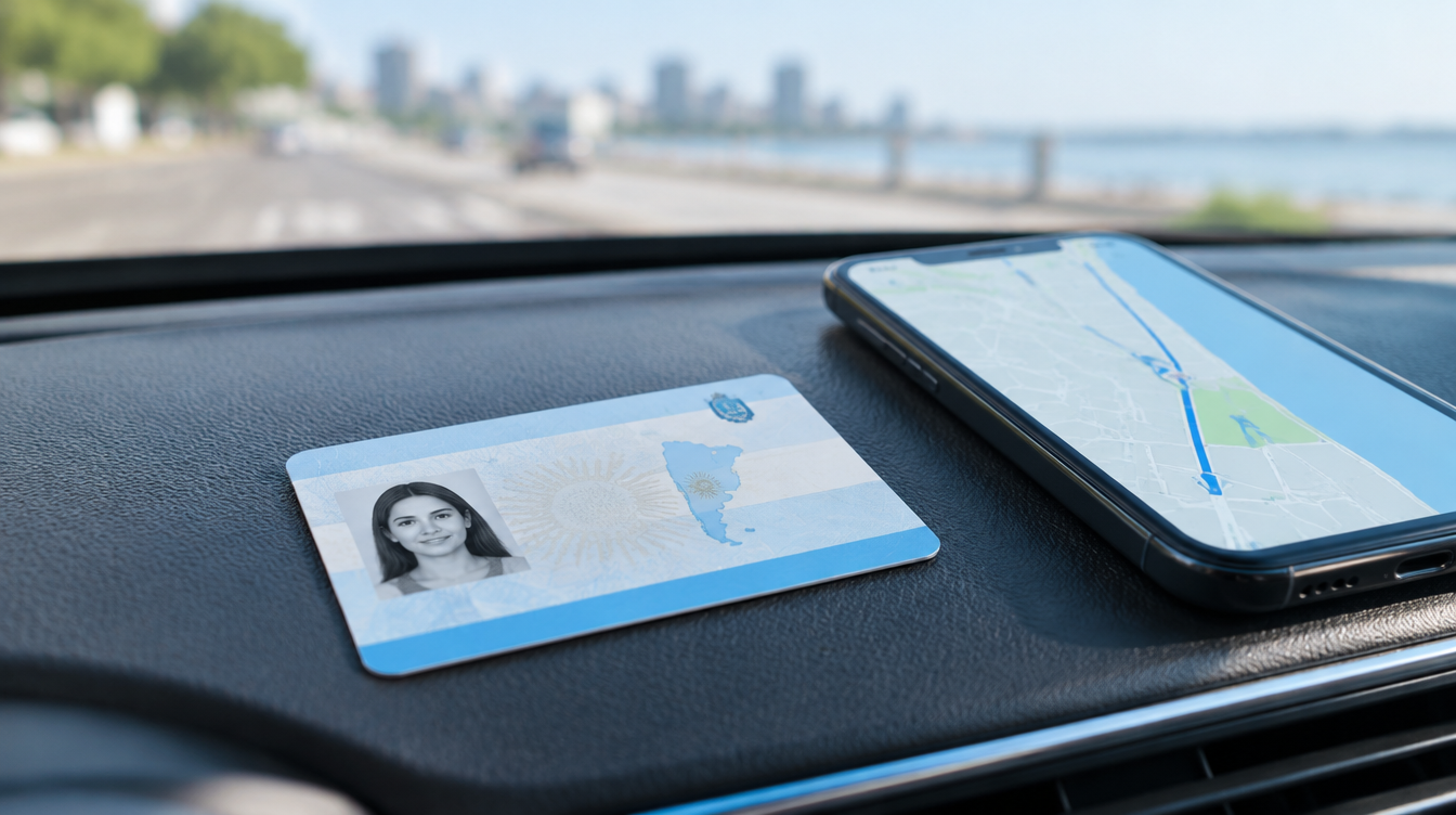 Licencia de conducir argentina junto a un celular con mapa sobre el tablero de un auto