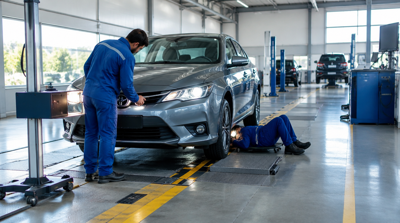 Auto siendo revisado en una planta de verificación técnica vehicular VTV en Argentina