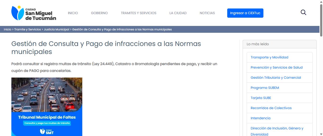 Página oficial para consultar multas de tránsito en Tucumán